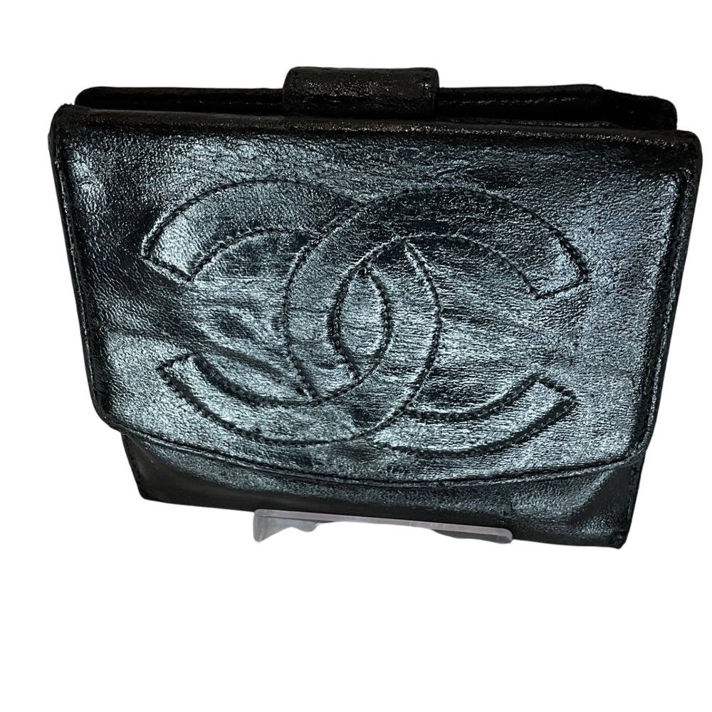 Chanel Black Leather Quilted CC Logo Bifold Wallet Coin Purse